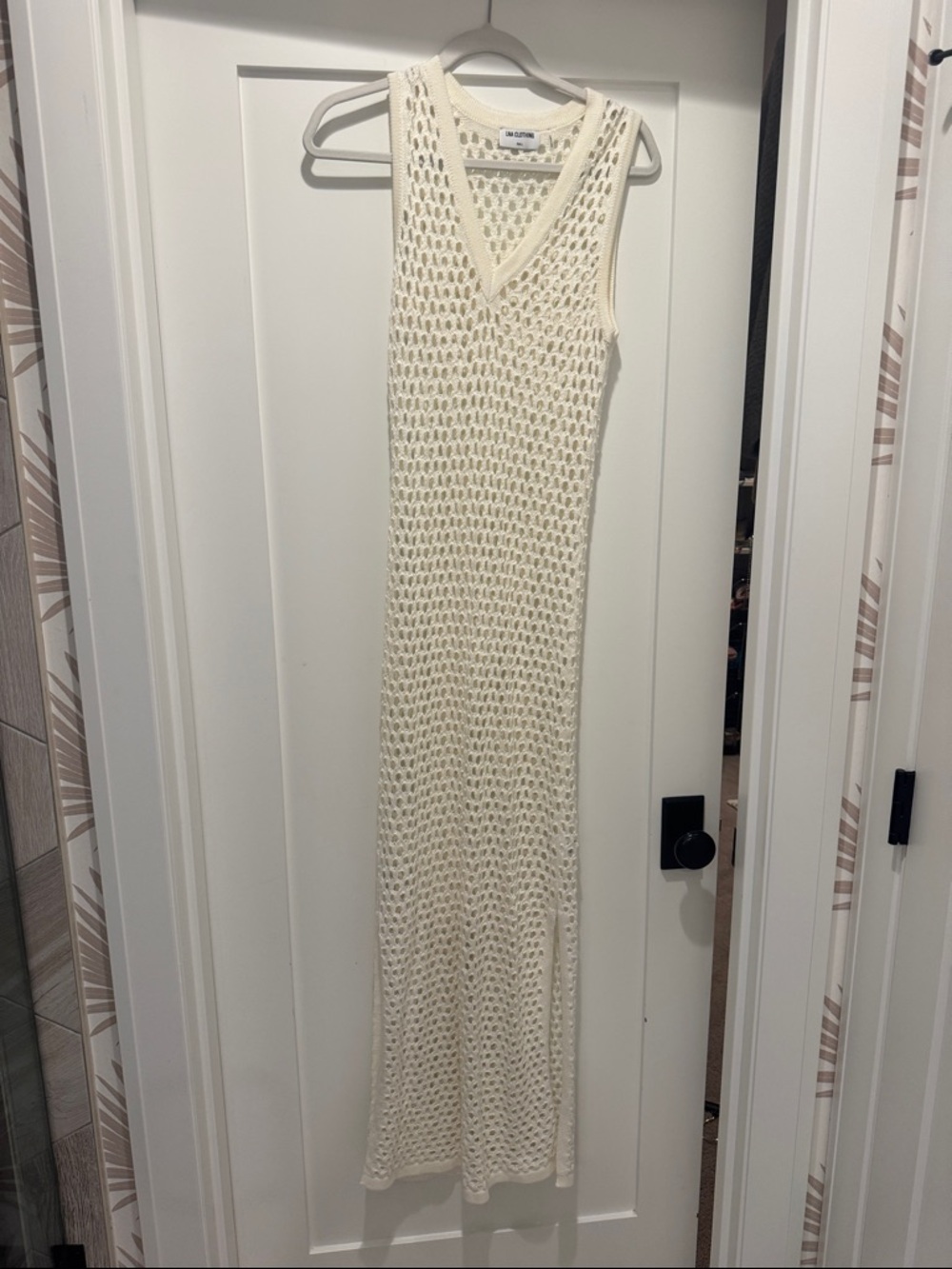 LNA Cream Open-Knit V-Neck Maxi Coverup
